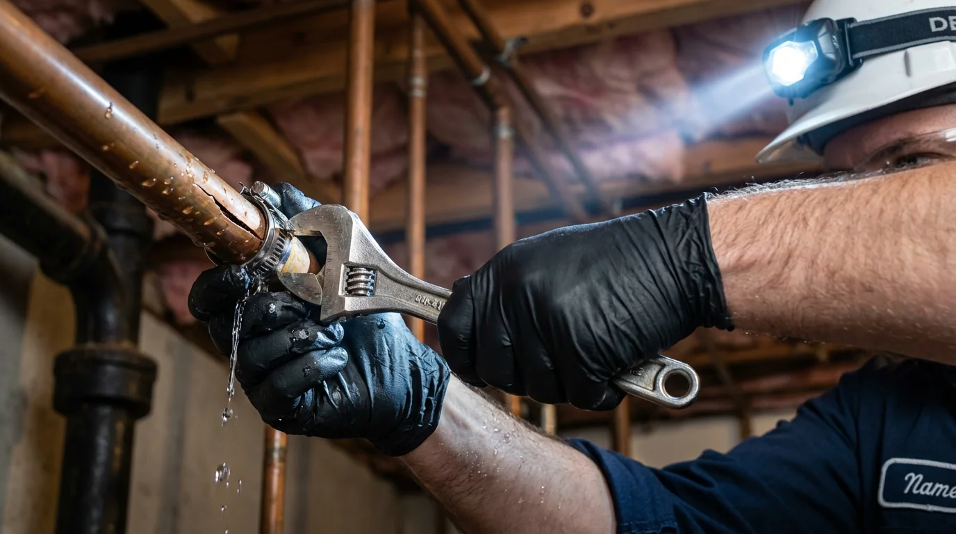 Emergency pipe clamp repair being performed by a Johns Plumbing LLC plumber in Chanhassen