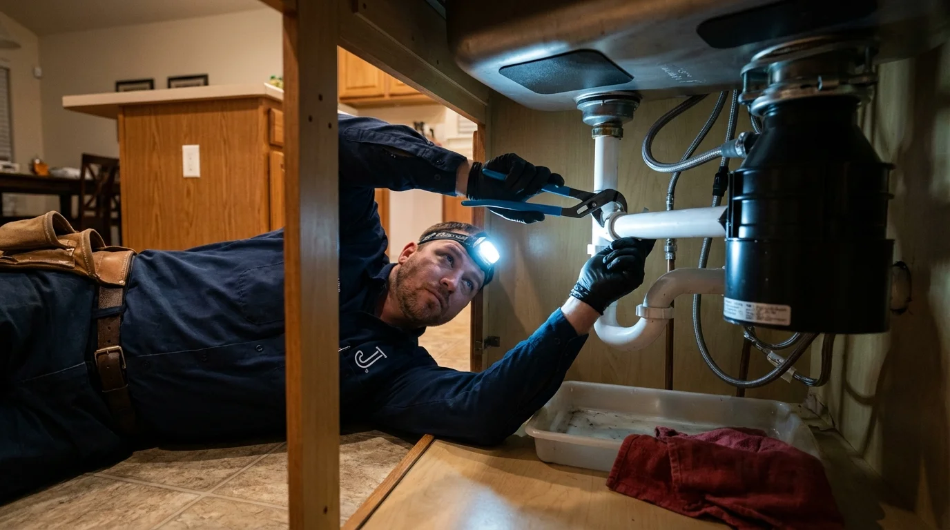 P-trap and supply line connections under a kitchen sink showing a common leak point in Chanhassen, MN